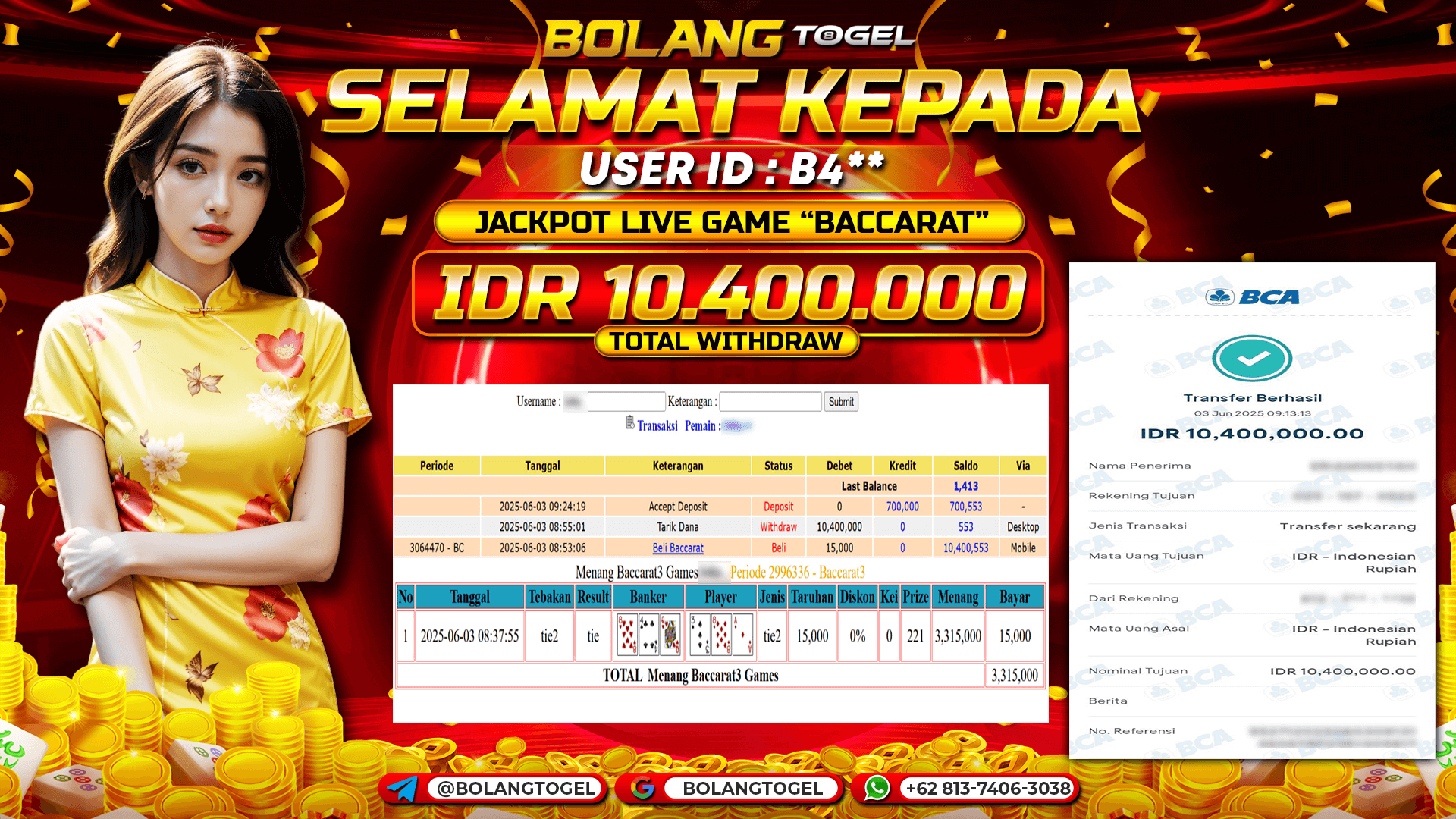 Bukti jackpot LIVE GAME BACCARAT BOLANGTOGEL - gambar 1